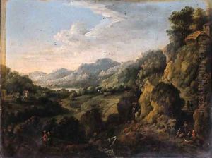 A Rhenish landscape with travellers on a track by a waterfall A Rhenish landscape with travellers on a track by a waterfall