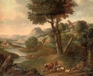 A river landscape with a shepherd and his flock on a track A river landscape with a shepherd and his flock on a track