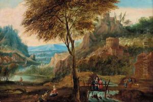 Figures by a bridge, an extensive Rhenish landscape beyond Figures by a bridge, an extensive Rhenish landscape beyond