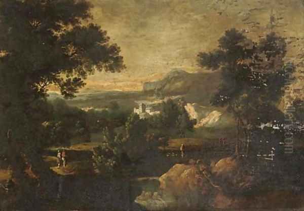 A wooded river landscape with figures on a track, a house beyond - view 1