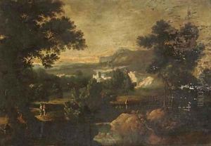 A wooded river landscape with figures on a track, a house beyond A wooded river landscape with figures on a track, a house beyond