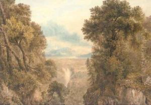 A capriccio wooded landscape with a waterfall by John Glover