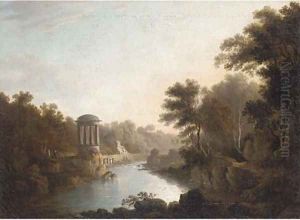Figures by a folly, with buildings beyond