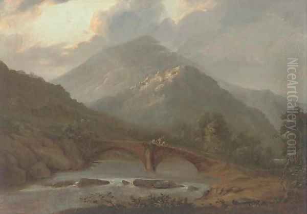 Workers crossing a stone bridge in a highland landscape - view 1