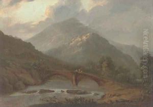 Workers crossing a stone bridge in a highland landscape