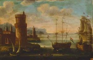A Mediterranean harbour with moored men-o'-war