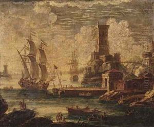 A Mediterranean coastal harbour with moored shipping by Orazio Grevenbroeck