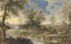 A wooded river landscape with figures on the river bank by Orazio Grevenbroeck