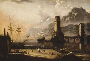 A Mediterranean harbour with stevedores on a quayside, moored ships and a bridge beyond