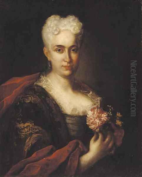 Portrait of a lady with gold brocade and a crimson wrap, holding a carnation - view 1