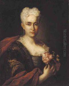 Portrait of a lady with gold brocade and a crimson wrap, holding a carnation