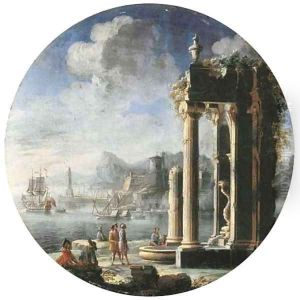 A capriccio of architectural ruins with figures by a fountain by Gennaro Greco