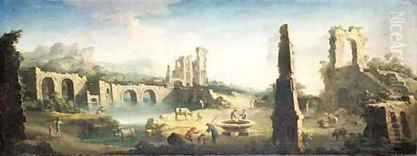 An extensive river landscape with herdsmen and cattle among classical ruins - view 1