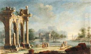 Architectural Capricci with Travellers by Gennaro Greco