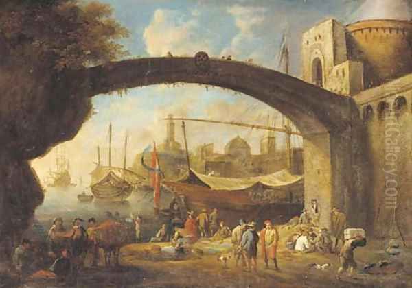 A Mediterranean harbour with traders under a bridge - view 1