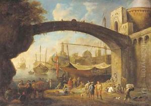A Mediterranean harbour with traders under a bridge