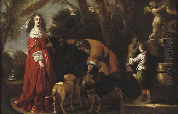 An elegantly dressed lady and her son in a parklandscape near a fountain, a male servant attending her dogs nearby - view 1