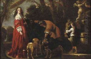 An elegantly dressed lady and her son in a parklandscape near a fountain, a male servant attending her dogs nearby