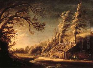 A wooded landscape with peasants and a donkey before a cottage
