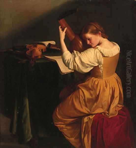 A woman tuning a lute, seated at a draped table with open manuscripts, a violin and wind instruments - view 1