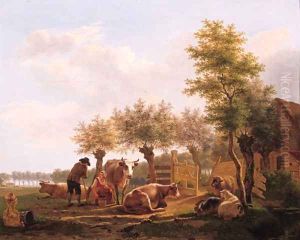 A traveller conversing with a milkmaid in a farmyard, in summer by Gillis Smak Gregoor