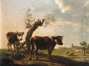 A bull and a cow by a pollarded willow, Dordrecht beyond, in summer