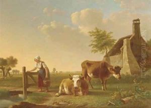 A milkmaid and her cows in a farmyard by Gillis Smak Gregoor