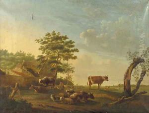 Cattle, sheep and goats in a landscape by Gillis Smak Gregoor