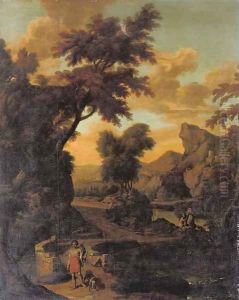 A wooded river landscape with a hunter in classical dress crossing a bridge, mountains beyond by Abraham Genoels