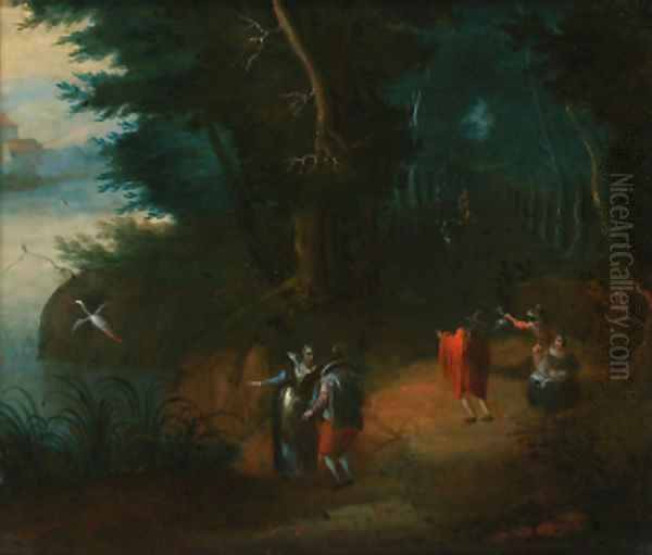 A wooded river landscape with elegant figures on a path - view 1