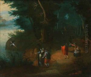 A wooded river landscape with elegant figures on a path by Abraham Goaverts
