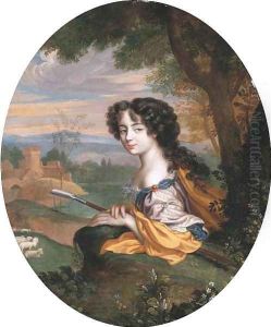 Portrait of a lady as a shepherdess holding a hoe, her sheep and a fortified dwelling beyond by Henri Gascar