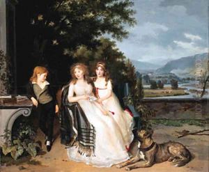 Portrait of a lady with two children and a dog on a terrace by Louis Gauffie