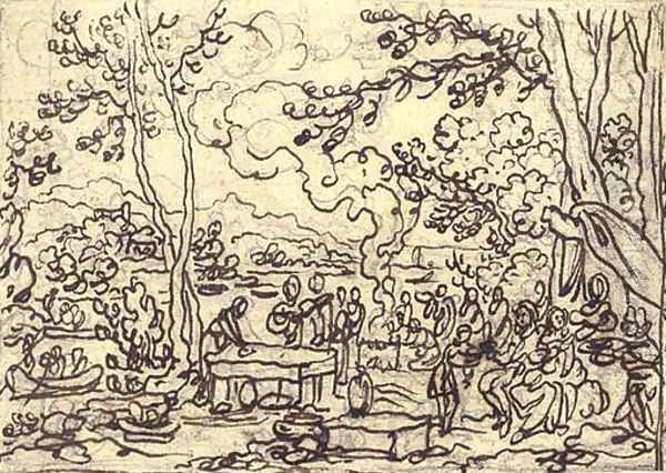 An elegant company feasting in a clearing by a river - view 1