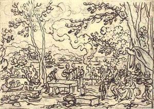 An elegant company feasting in a clearing by a river