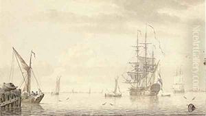 Dutch shipping on a broad river by Cornelis De Grient