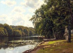 A sunlit river landscape by Georg Vilhelm Arnold Groth