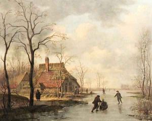 A winter landscape with skaters by Gerrit Hendrik Gbell