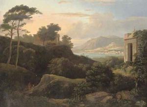 An Italianate coastal landscape, with classical ruins and figures in the foreground, a town beyond by Patrick Gibson