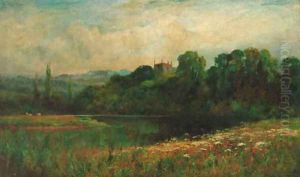 A tranquil river with a church beyond by Peter Ghent