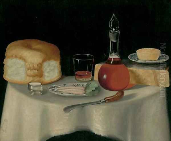 A still life with bread, cheese, a pie - view 1