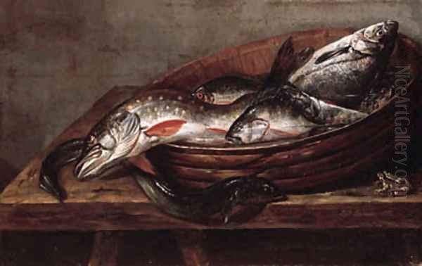 Dead fish in a bowl on a table with a dead frog - view 1