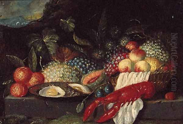 A lobster, a plate of oysters and fruit on a stone ledge in a landscape - view 1