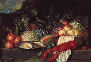 A lobster, a plate of oysters and fruit on a stone ledge in a landscape
