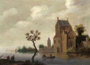 A fortified mansion on a river with fishermen nearby by Jan van Goyen