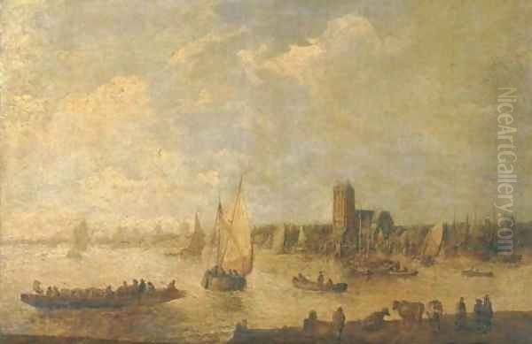 A river landscape with shipping and fishermen in rowing boats and cattle grazing in the foreground, a city beyond - view 1