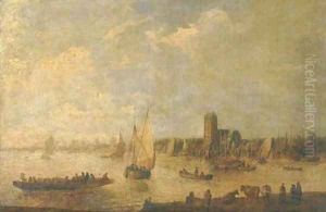 A river landscape with shipping and fishermen in rowing boats and cattle grazing in the foreground, a city beyond A river landscape with shipping and fishermen in rowing boats and cattle grazing in the foreground, a city beyond