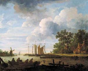 A river landscape on a cloudy day with fishermen with lobsterpots in rowing boats by Jan van Goyen