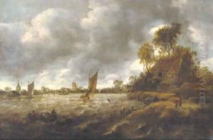 A river landscape with sailing vessels in rough waters, a village beyond