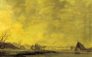 A winterlandscape with villagers on a horsedrawn sledge near a frozen waterway by Jan van Goyen